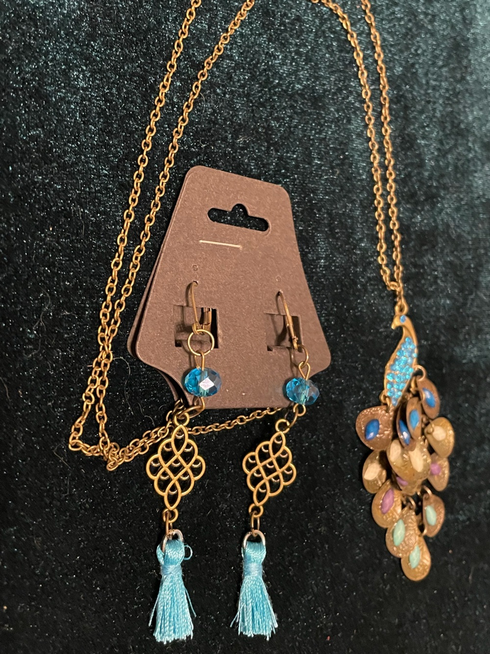 Antique Gold-tone Peacock Necklace Set with Blue Crystal and Tassel Accents